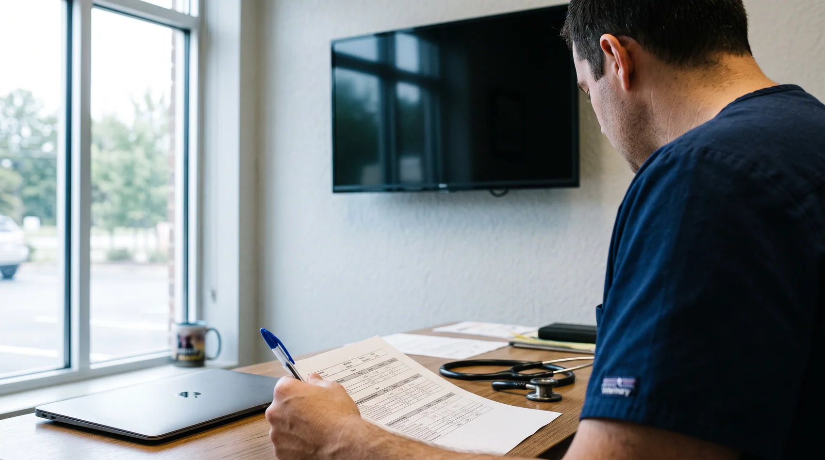 A veterinarian at a desk reviewing a printed ingredient panel