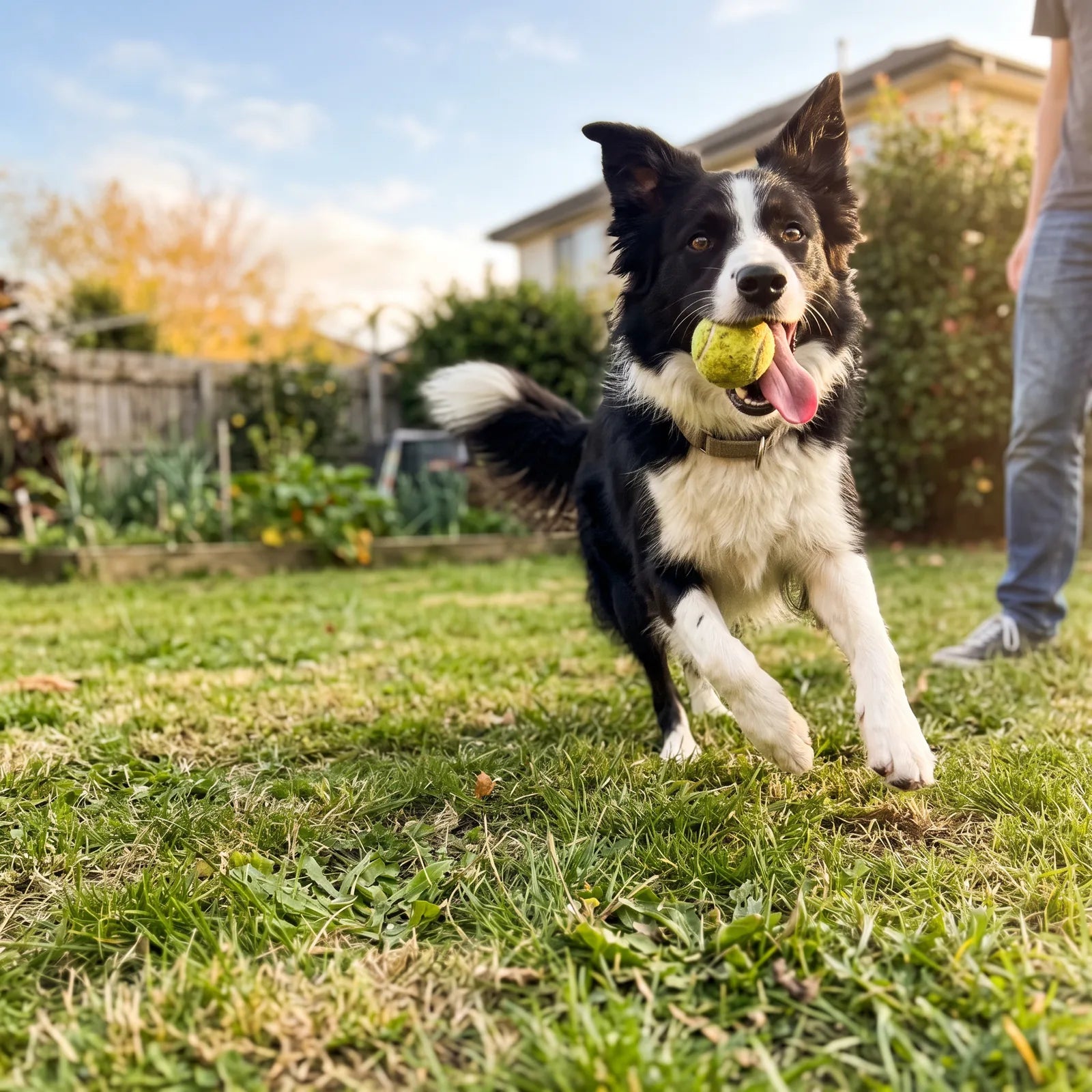 A border collie running across a sunny back garden with a tennis ball in its mouth